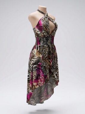 Halter High-Low Animal Print Dress in Fuchsia